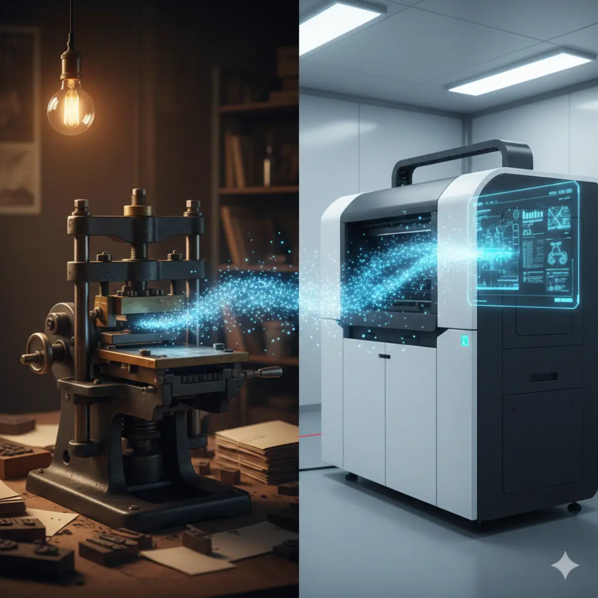 Ein geteiltes Bild, das auf einer Seite eine alte Druckerpresse und auf der anderen Seite einen modernen Digitaldrucker mit einer leuchtenden digitalen Schnittstelle zeigt