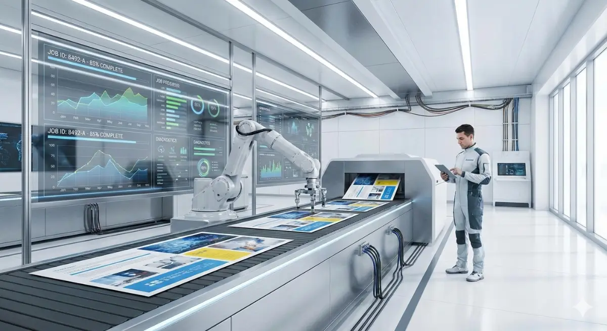 Eine moderne, saubere Druckerei mit Roboterarmen, digitalen Bedienfeldern und in der Luft schwebenden Datenvisualisierungen